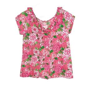 Lilly Pulitzer Short Sleeve Silk Blend Floral Pink Ruffled V-Neck Shirt Size 2